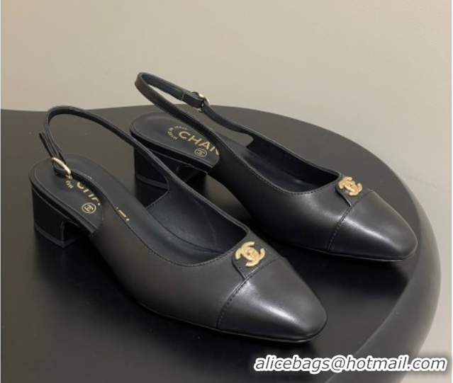 Stylish Chanel Lambskin Leather Slingbacks Pumps 3.5cm with CC Tag Black 2025 G46441