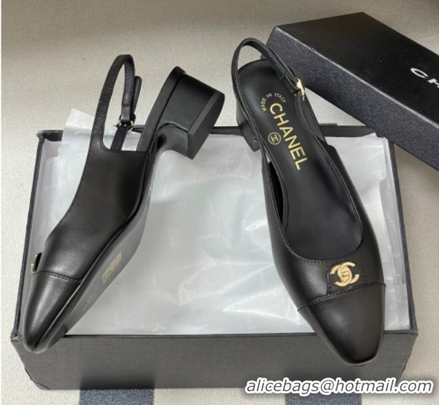 Stylish Chanel Lambskin Leather Slingbacks Pumps 3.5cm with CC Tag Black 2025 G46441