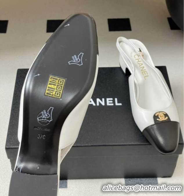 Sophisticated Chanel Lambskin Leather Slingbacks Pumps 3.5cm with CC Tag White G46441 1103028