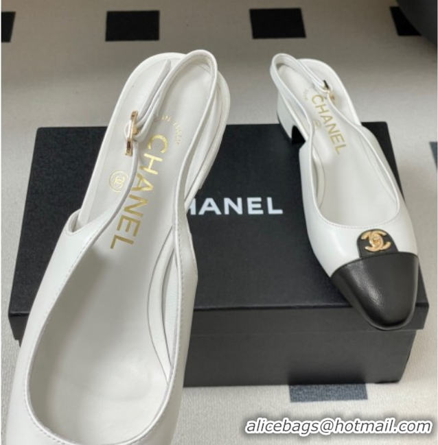 Sophisticated Chanel Lambskin Leather Slingbacks Pumps 3.5cm with CC Tag White G46441 1103028