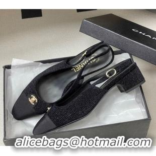 Good Quality Chanel Tweed & Grosgrain Slingbacks Pumps 3.5cm with CC Tag Black 2025 G46441 1103031