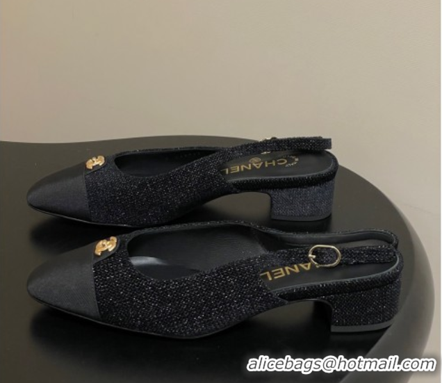 Good Quality Chanel Tweed & Grosgrain Slingbacks Pumps 3.5cm with CC Tag Black 2025 G46441 1103031