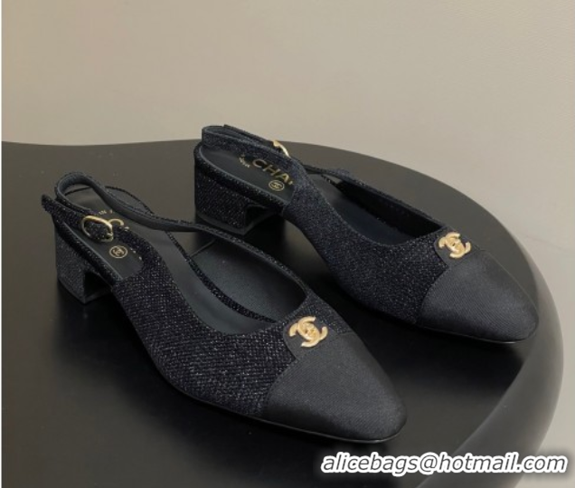 Good Quality Chanel Tweed & Grosgrain Slingbacks Pumps 3.5cm with CC Tag Black 2025 G46441 1103031