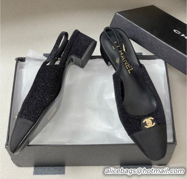 Good Quality Chanel Tweed & Grosgrain Slingbacks Pumps 3.5cm with CC Tag Black 2025 G46441 1103031