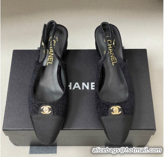 Good Quality Chanel Tweed & Grosgrain Slingbacks Pumps 3.5cm with CC Tag Black 2025 G46441 1103031