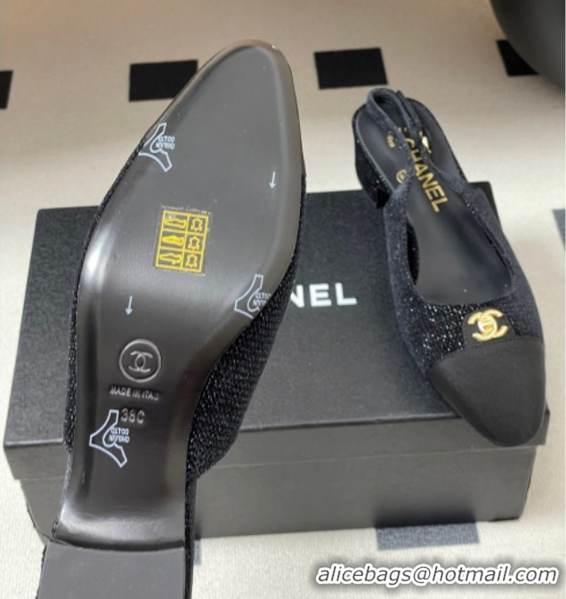Good Quality Chanel Tweed & Grosgrain Slingbacks Pumps 3.5cm with CC Tag Black 2025 G46441 1103031