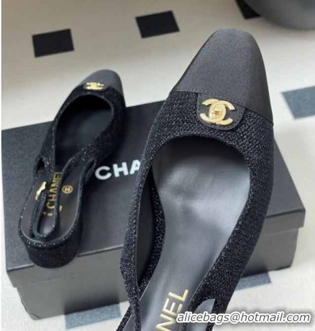 Good Quality Chanel Tweed & Grosgrain Slingbacks Pumps 3.5cm with CC Tag Black 2025 G46441 1103031