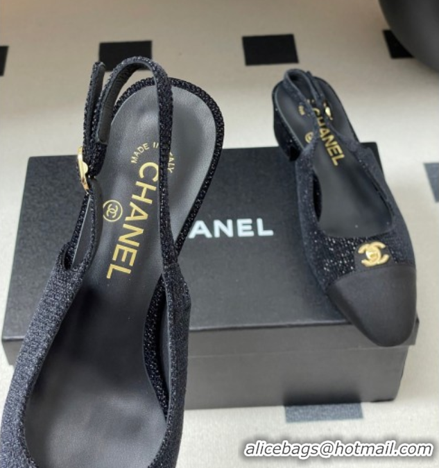 Good Quality Chanel Tweed & Grosgrain Slingbacks Pumps 3.5cm with CC Tag Black 2025 G46441 1103031