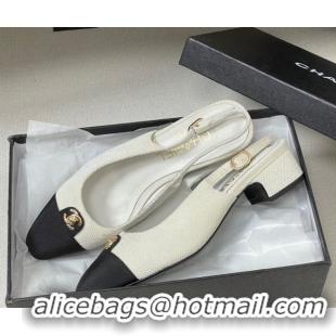 Pretty Style Chanel Tweed & Grosgrain Slingbacks Pumps 3.5cm with CC Tag White 2025 G46441 1103030