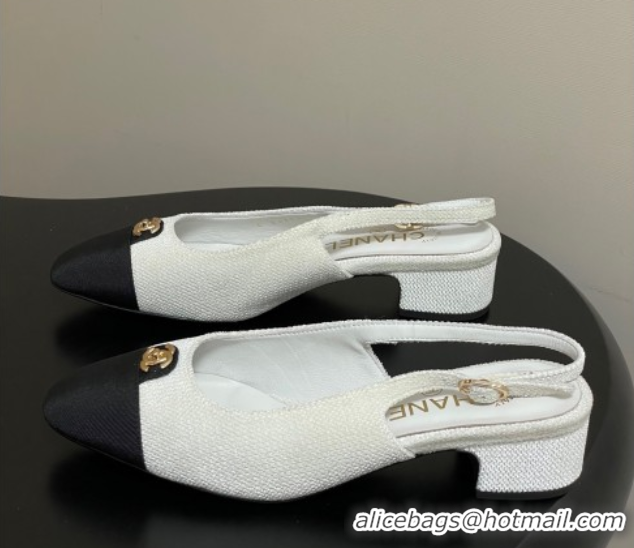 Pretty Style Chanel Tweed & Grosgrain Slingbacks Pumps 3.5cm with CC Tag White 2025 G46441 1103030