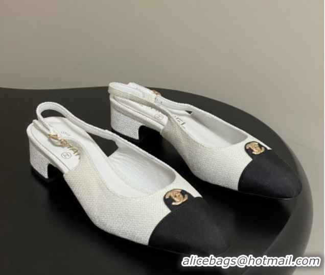 Pretty Style Chanel Tweed & Grosgrain Slingbacks Pumps 3.5cm with CC Tag White 2025 G46441 1103030