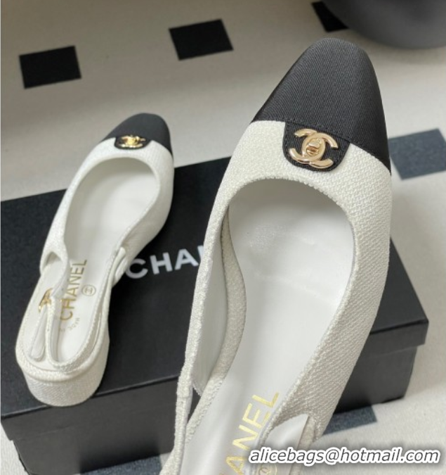 Pretty Style Chanel Tweed & Grosgrain Slingbacks Pumps 3.5cm with CC Tag White 2025 G46441 1103030