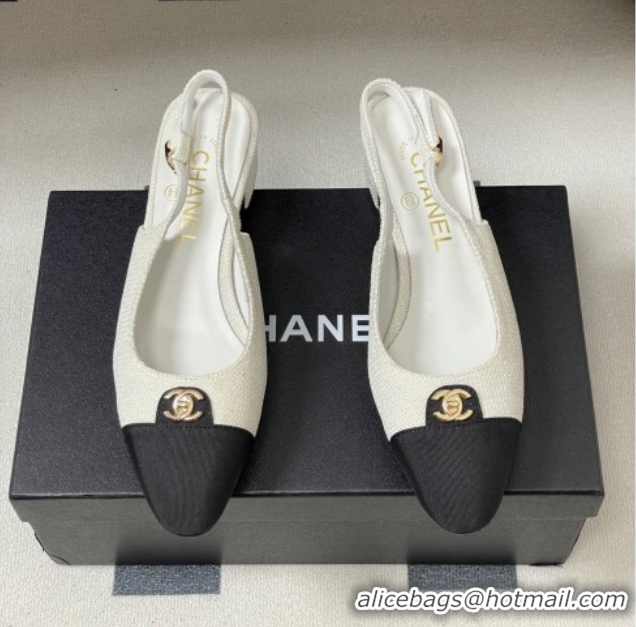 Pretty Style Chanel Tweed & Grosgrain Slingbacks Pumps 3.5cm with CC Tag White 2025 G46441 1103030