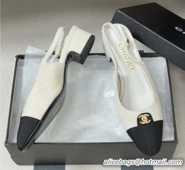 Pretty Style Chanel Tweed & Grosgrain Slingbacks Pumps 3.5cm with CC Tag White 2025 G46441 1103030