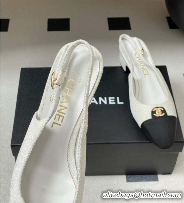 Pretty Style Chanel Tweed & Grosgrain Slingbacks Pumps 3.5cm with CC Tag White 2025 G46441 1103030