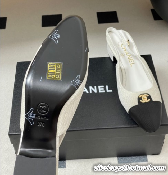 Pretty Style Chanel Tweed & Grosgrain Slingbacks Pumps 3.5cm with CC Tag White 2025 G46441 1103030