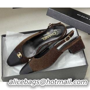 Perfect Chanel Tweed & Grosgrain Slingbacks Pumps 3.5cm with CC Tag Brown 2025 G46441 1103032