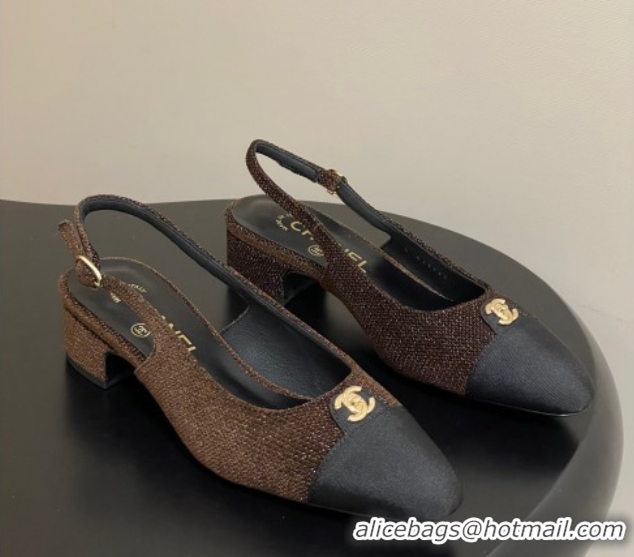 Perfect Chanel Tweed & Grosgrain Slingbacks Pumps 3.5cm with CC Tag Brown 2025 G46441 1103032