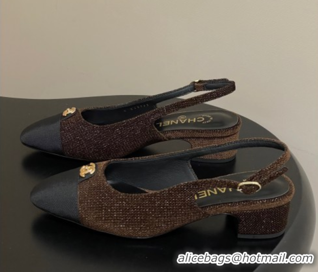 Perfect Chanel Tweed & Grosgrain Slingbacks Pumps 3.5cm with CC Tag Brown 2025 G46441 1103032