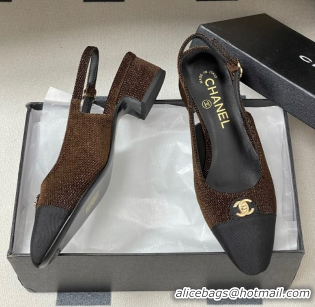 Perfect Chanel Tweed & Grosgrain Slingbacks Pumps 3.5cm with CC Tag Brown 2025 G46441 1103032