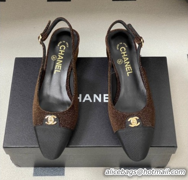 Perfect Chanel Tweed & Grosgrain Slingbacks Pumps 3.5cm with CC Tag Brown 2025 G46441 1103032