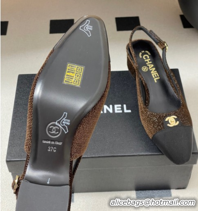 Perfect Chanel Tweed & Grosgrain Slingbacks Pumps 3.5cm with CC Tag Brown 2025 G46441 1103032