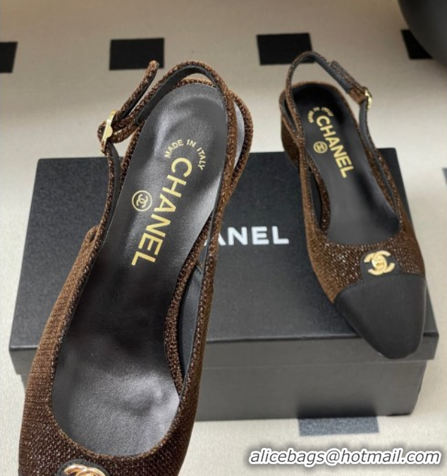 Perfect Chanel Tweed & Grosgrain Slingbacks Pumps 3.5cm with CC Tag Brown 2025 G46441 1103032
