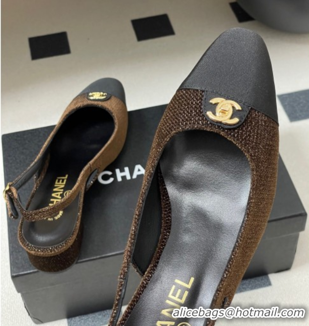 Perfect Chanel Tweed & Grosgrain Slingbacks Pumps 3.5cm with CC Tag Brown 2025 G46441 1103032