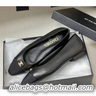 Duplicate Chanel Lambskin & Grosgrain Ballets Flat with CC Tag Black 2025 G46441 1103033