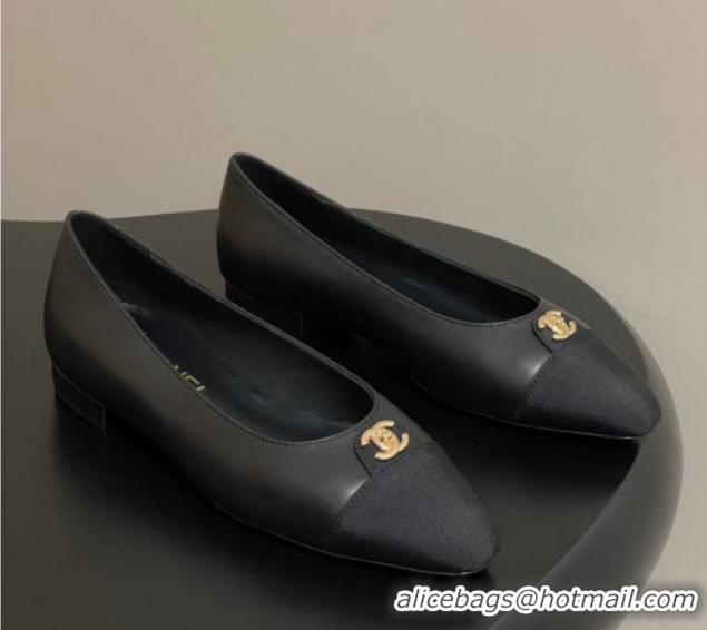 Duplicate Chanel Lambskin & Grosgrain Ballets Flat with CC Tag Black 2025 G46441 1103033