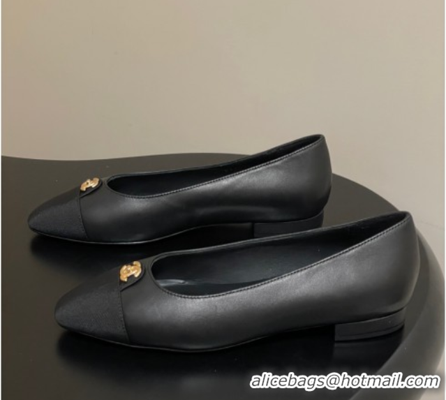 Duplicate Chanel Lambskin & Grosgrain Ballets Flat with CC Tag Black 2025 G46441 1103033