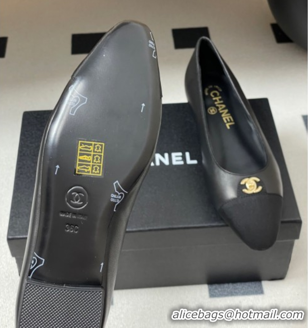 Duplicate Chanel Lambskin & Grosgrain Ballets Flat with CC Tag Black 2025 G46441 1103033