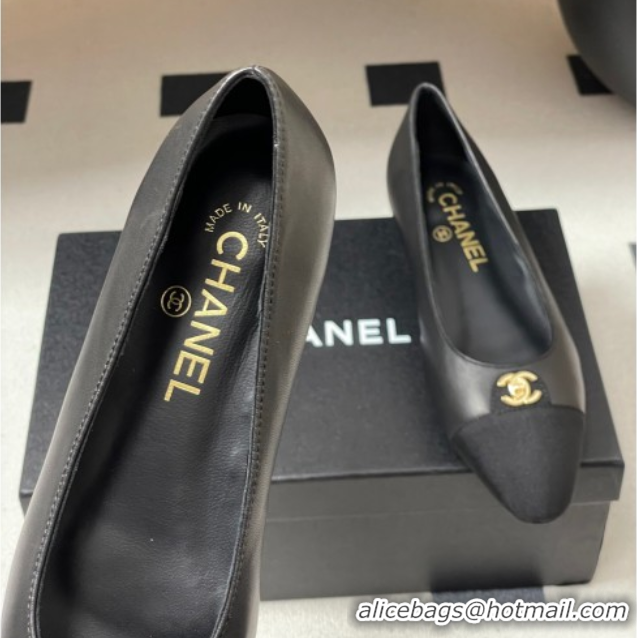 Duplicate Chanel Lambskin & Grosgrain Ballets Flat with CC Tag Black 2025 G46441 1103033