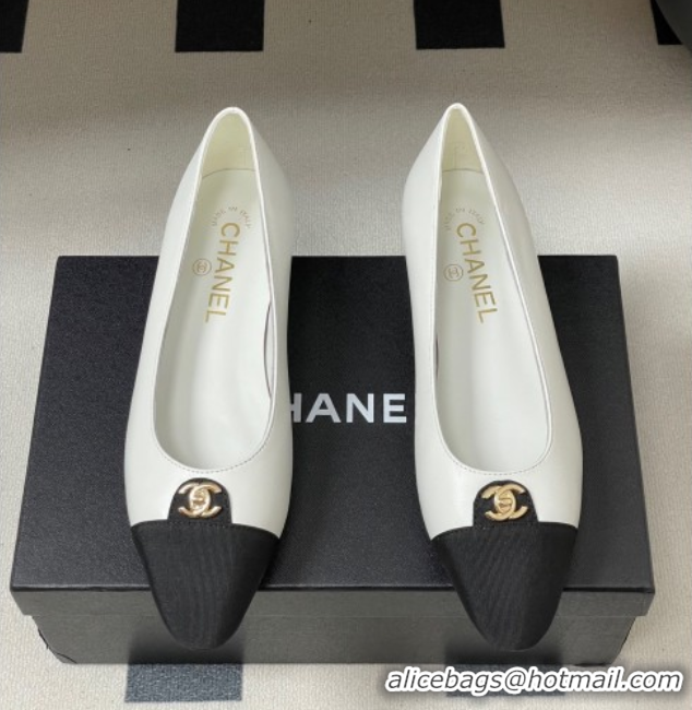 Stylish Chanel Lambskin & Grosgrain Ballets Flat with CC Tag White 2025 G46441 1103034