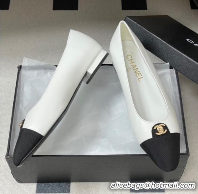 Stylish Chanel Lambskin & Grosgrain Ballets Flat with CC Tag White 2025 G46441 1103034