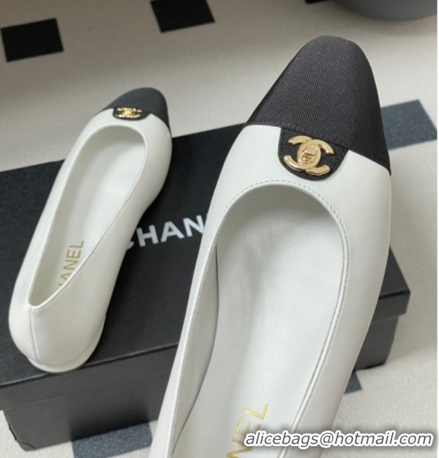 Stylish Chanel Lambskin & Grosgrain Ballets Flat with CC Tag White 2025 G46441 1103034