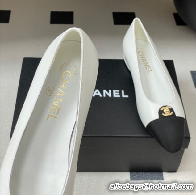 Stylish Chanel Lambskin & Grosgrain Ballets Flat with CC Tag White 2025 G46441 1103034