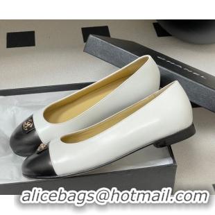 Buy Luxury Chanel Lambskin Leather Ballets Flat with CC Tag and Round Toe White 2025 G46441 1103037