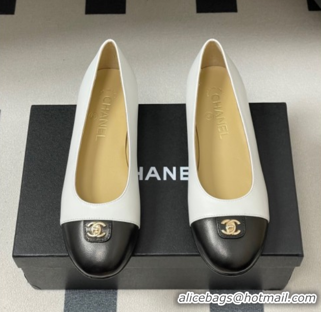 Buy Luxury Chanel Lambskin Leather Ballets Flat with CC Tag and Round Toe White 2025 G46441 1103037