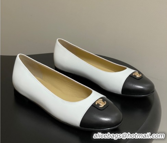 Buy Luxury Chanel Lambskin Leather Ballets Flat with CC Tag and Round Toe White 2025 G46441 1103037