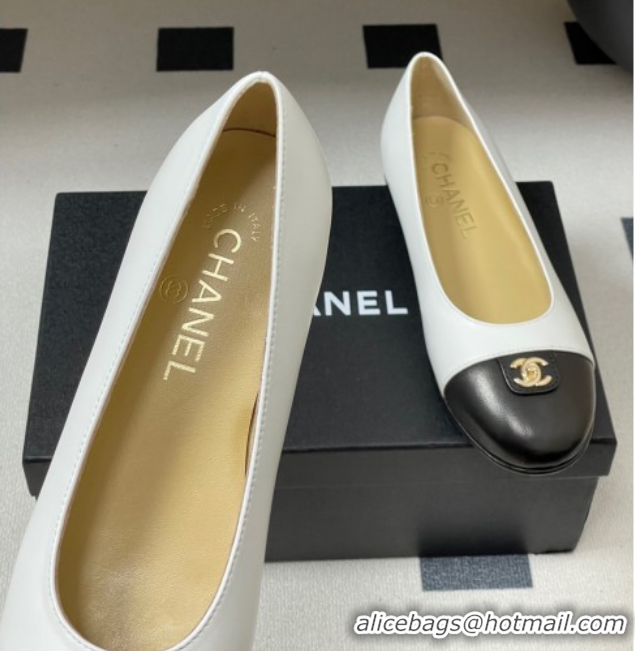 Buy Luxury Chanel Lambskin Leather Ballets Flat with CC Tag and Round Toe White 2025 G46441 1103037