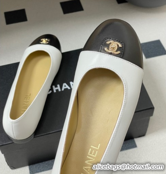 Buy Luxury Chanel Lambskin Leather Ballets Flat with CC Tag and Round Toe White 2025 G46441 1103037
