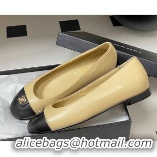 Best Grade Chanel Lambskin Leather Ballets Flat with CC Tag and Round Toe Beige 2025 G46441 1103038