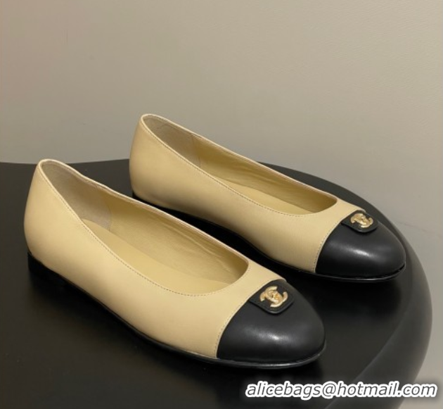 Best Grade Chanel Lambskin Leather Ballets Flat with CC Tag and Round Toe Beige 2025 G46441 1103038