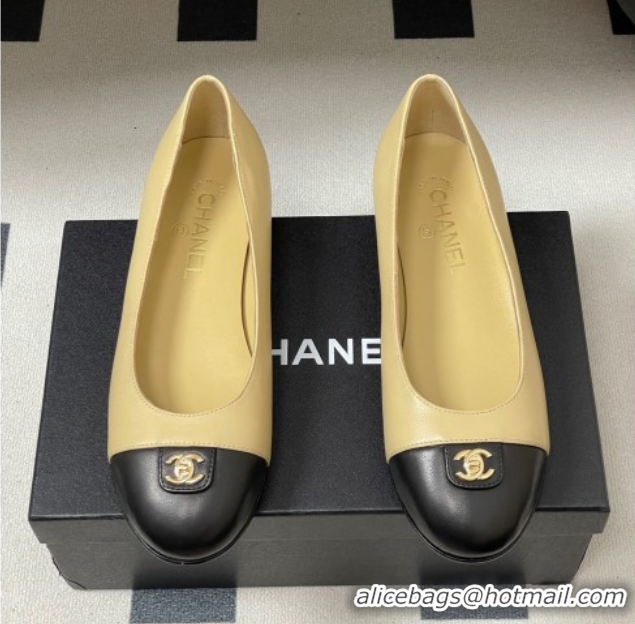 Best Grade Chanel Lambskin Leather Ballets Flat with CC Tag and Round Toe Beige 2025 G46441 1103038