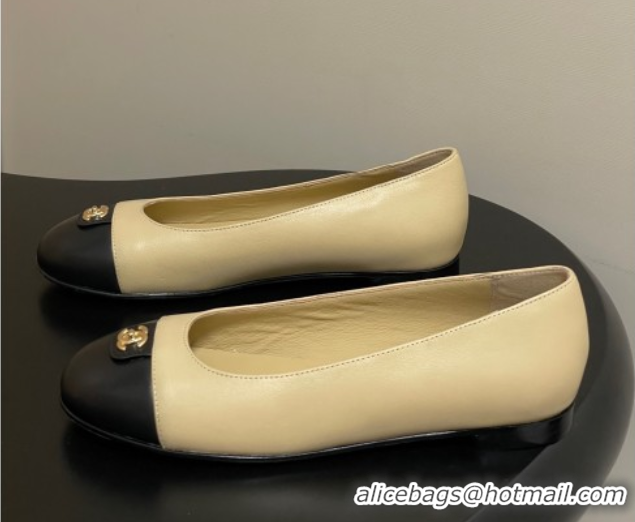 Best Grade Chanel Lambskin Leather Ballets Flat with CC Tag and Round Toe Beige 2025 G46441 1103038