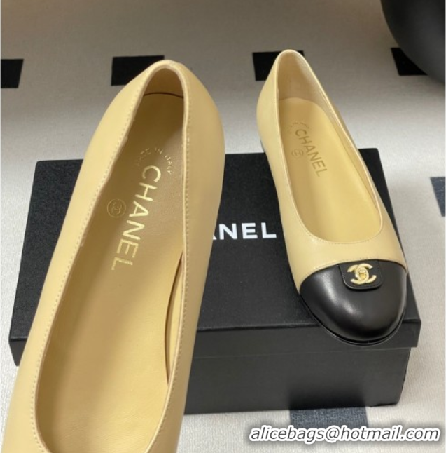 Best Grade Chanel Lambskin Leather Ballets Flat with CC Tag and Round Toe Beige 2025 G46441 1103038