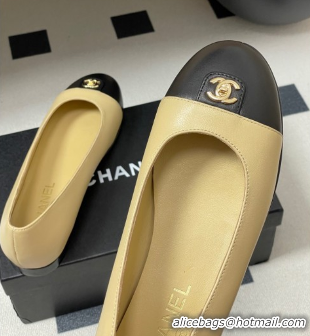 Best Grade Chanel Lambskin Leather Ballets Flat with CC Tag and Round Toe Beige 2025 G46441 1103038