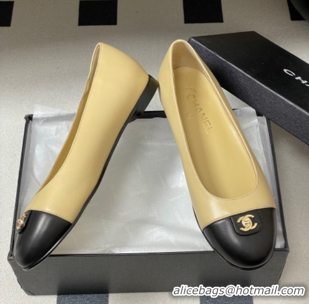 Best Grade Chanel Lambskin Leather Ballets Flat with CC Tag and Round Toe Beige 2025 G46441 1103038