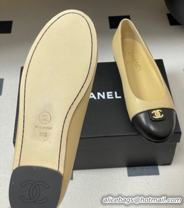 Best Grade Chanel Lambskin Leather Ballets Flat with CC Tag and Round Toe Beige 2025 G46441 1103038